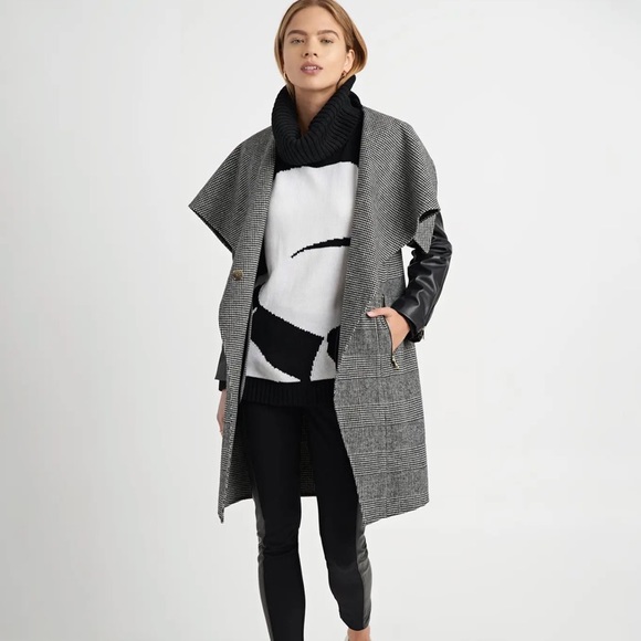 NEW KARL LAGERFELD PLAID WOOL DRAPE COLLAR FAUX LEATHER SLEEVE COAT SIZE:SMALL - Picture 1 of 16